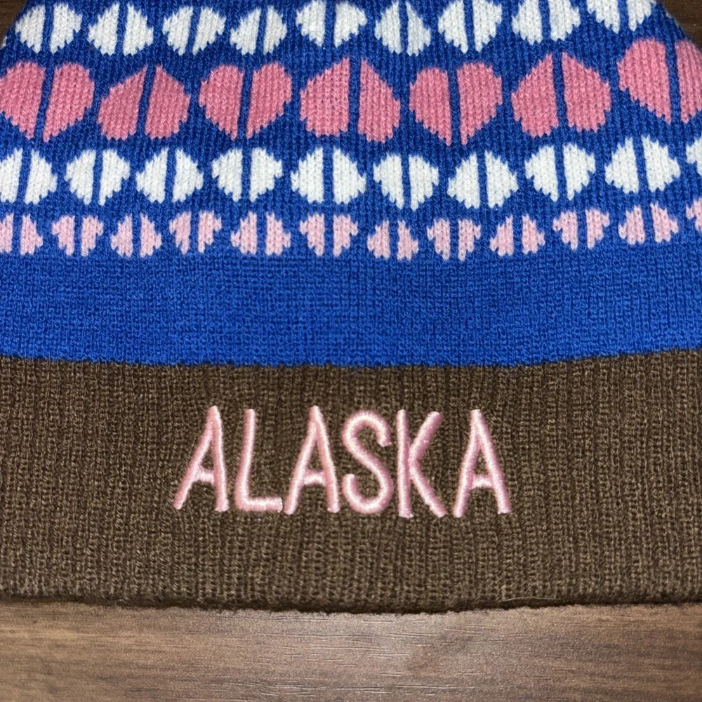 New Alaska Youth Winter Moose Ears Beanie Hat Toboggan Blue Brown Embroidered